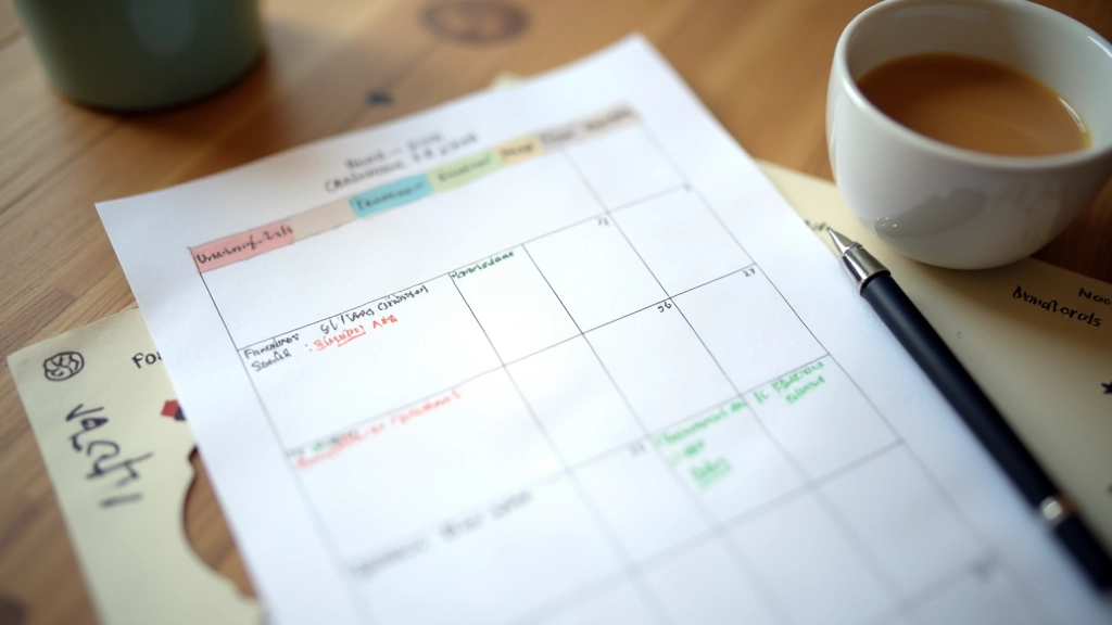 Calendar showing marked monthly review dates and financial planning milestones throughout the year