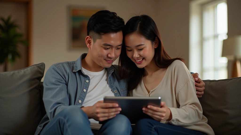 Two people smiling while looking at tablet with budgeting app, seated on couch together
