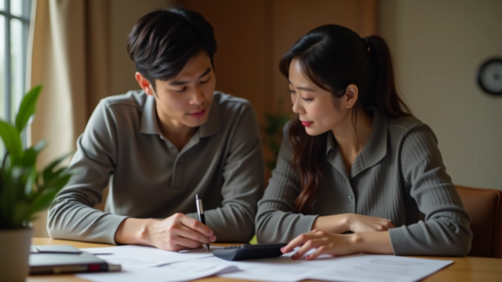 Two people at a table reviewing bills and rent documents with calculator
