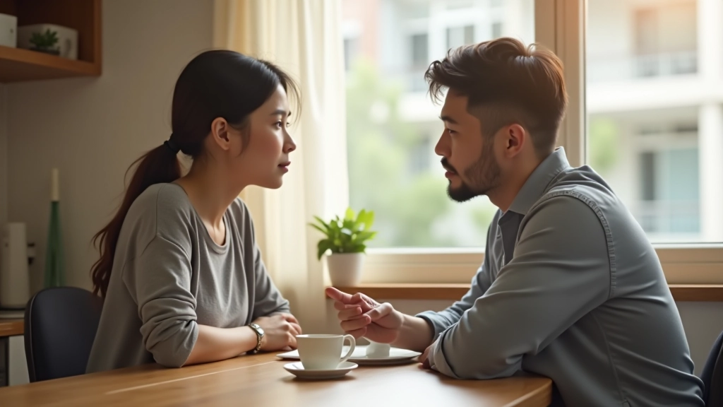 Couple having a calm conversation about finances at home, warm lighting