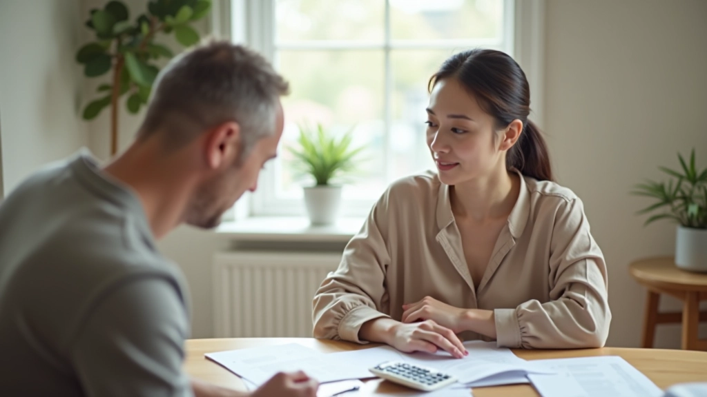 Couple sitting at dining table reviewing budget spreadsheet with calculator and financial statements