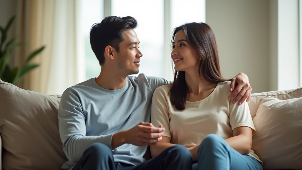 Calm couple sitting together in living room with warm lighting and comfortable seating