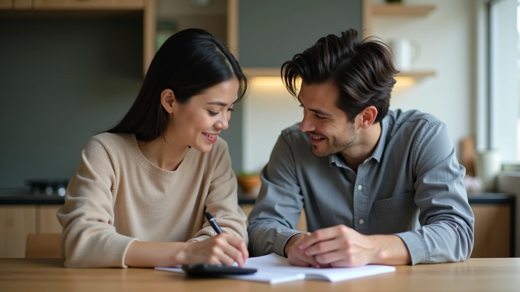 Couple sitting at kitchen table with notebook and calculator discussing finances