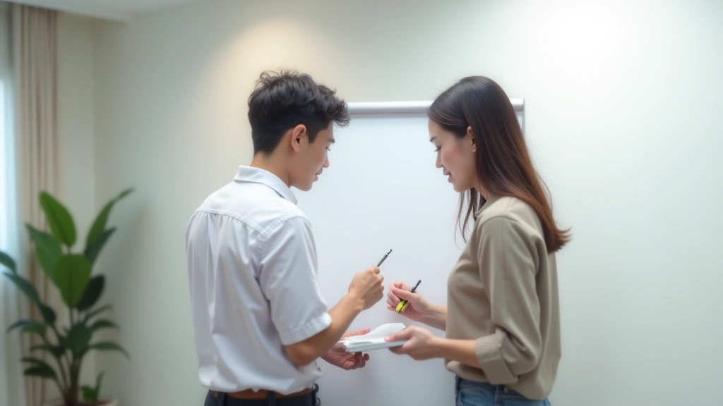 Couple writing notes together on whiteboard with colored markers during planning session