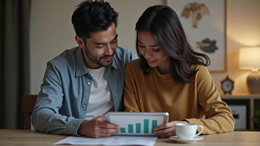 Couple planning together with savings goal chart and monthly budget review documents