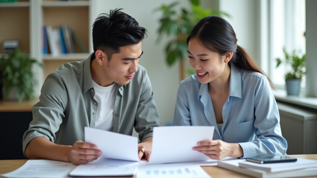 Financial planning session showing couple reviewing budget documents and setting savings goals together
