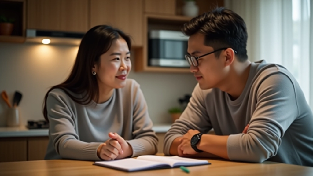 Couple sitting at kitchen table having calm discussion about finances with notebook and calculator