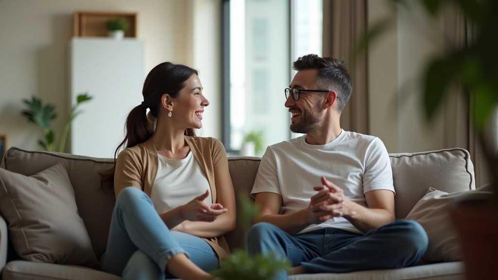 Diverse couple in modern Hong Kong apartment having open discussion about finances and future planning