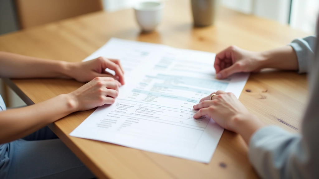 Close-up of hands pointing at financial chart and budget spreadsheet on wooden table