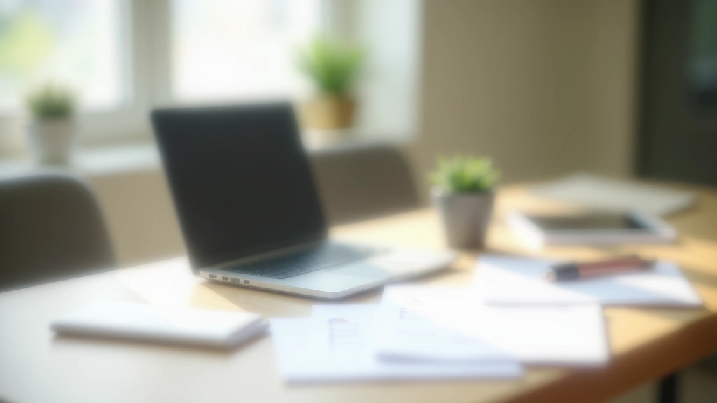 Modern apartment interior with financial planning workspace showing calculator and documents on clean desk