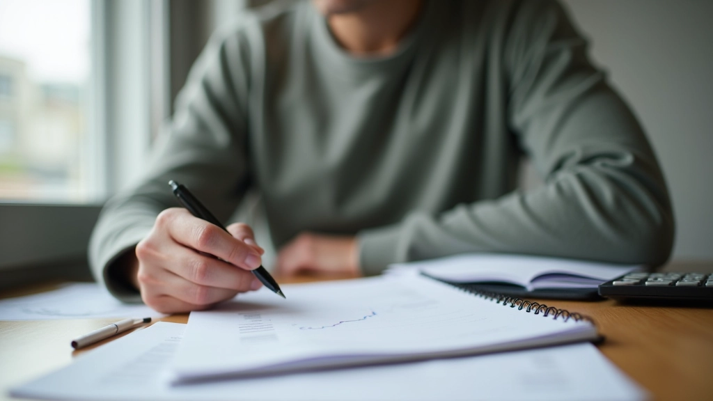Person writing in budget notebook with calculator and financial documents spread on wooden desk