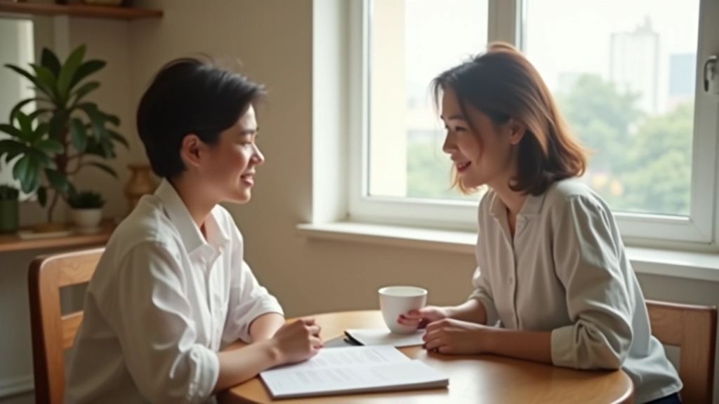 Two people having discussion in bright, modern home setting with coffee and notebook on table
